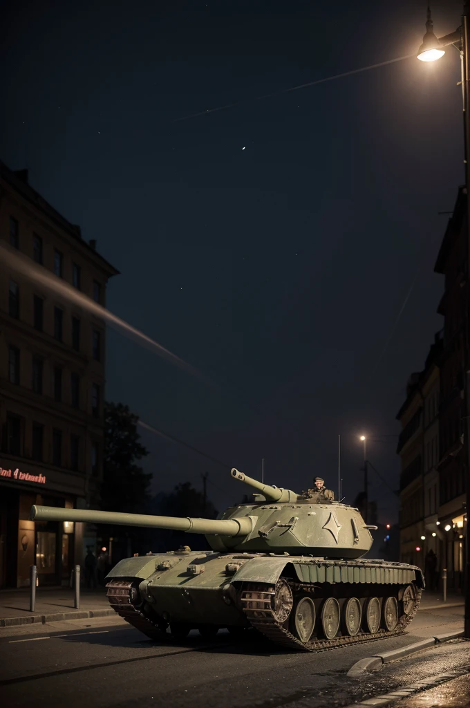 On a moonlit night, the silence is broken by the sound of German tanks advancing through the streets. "hyper realistc"