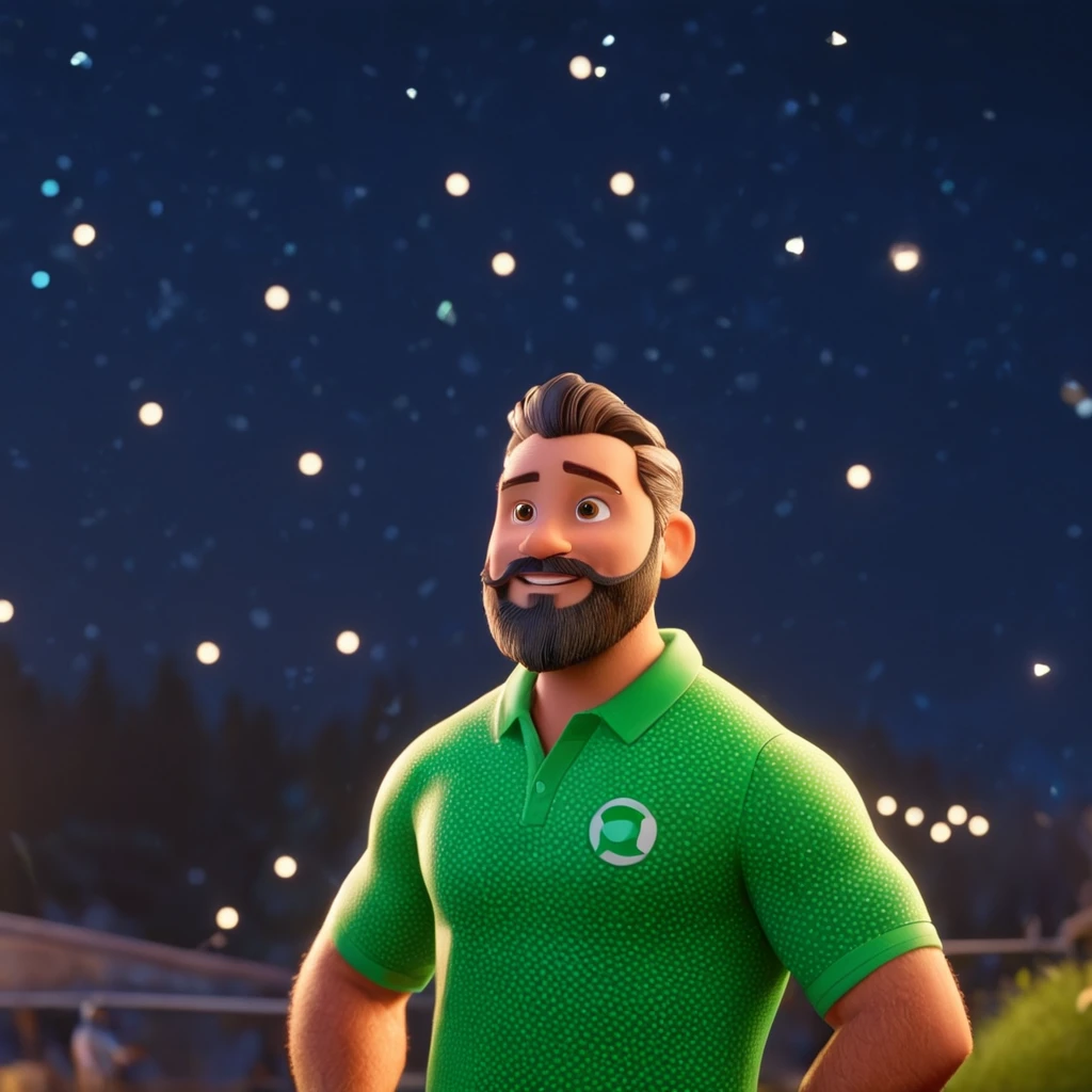 Personagem de desenho animado de um homem branco careca com barba olhoes verdes um pouco forte com seu filho de 5 anos loiro branco com sorriso e camisa azul, um personagem animado, Caractere estilizado, animation style rendering, 3D estilizado, Stylized 3D rendering, toon render screenshot, Personagem 3D, Personagem 3D, Stylized 3D rendering, 3D character rendering, personagem de desenho animado, Pose de personagem, (Estilo Pixar) (parte mestre:1.2) (Bokeh) (melhor qualidade) (pele detalhada) (textura detalhada) (8K) (argila) (cinematic lighting) (sharp focus，Senta e vaza a parte superior do corpo