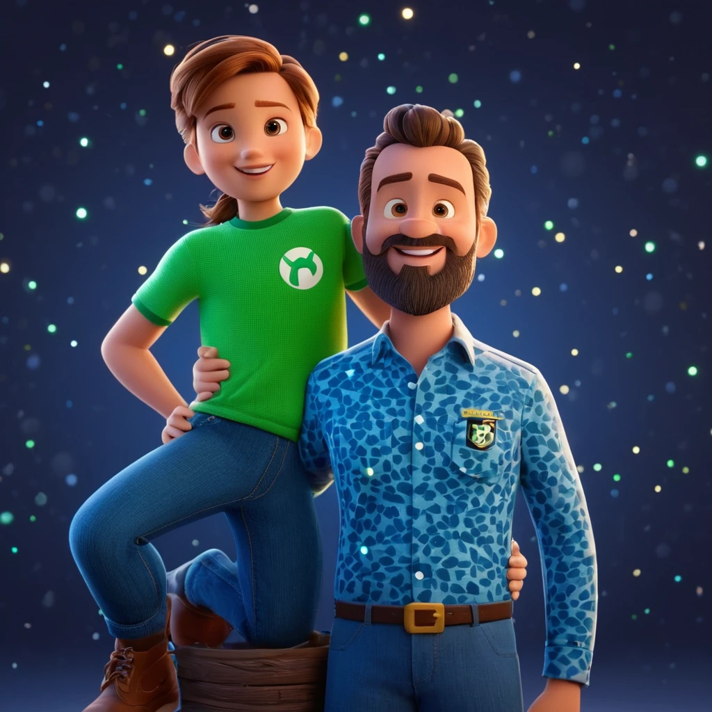 Personagem de desenho animado de um homem branco careca com barba olhoes verdes um pouco forte com seu filho de 5 anos loiro branco com sorriso e camisa azul, um personagem animado, Caractere estilizado, animation style rendering, 3D estilizado, Stylized 3D rendering, toon render screenshot, Personagem 3D, Personagem 3D, Stylized 3D rendering, 3D character rendering, personagem de desenho animado, Pose de personagem, (Estilo Pixar) (parte mestre:1.2) (Bokeh) (melhor qualidade) (pele detalhada) (textura detalhada) (8K) (argila) (cinematic lighting) (sharp focus,Senta e vaza a parte superior do corpo