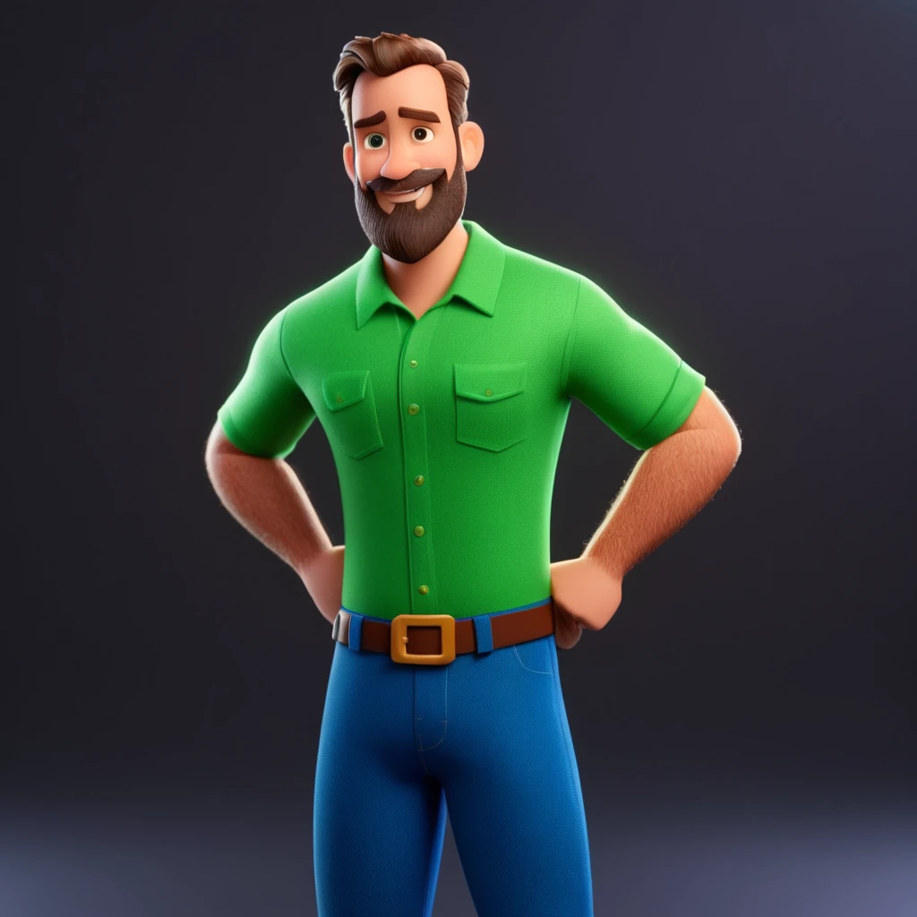 Personagem de desenho animado de um homem branco careca com barba olhoes verdes um pouco forte com seu filho de 5 anos loiro branco com sorriso e camisa azul, um personagem animado, Caractere estilizado, animation style rendering, 3D estilizado, Stylized 3D rendering, toon render screenshot, Personagem 3D, Personagem 3D, Stylized 3D rendering, 3D character rendering, personagem de desenho animado, Pose de personagem, (Estilo Pixar) (parte mestre:1.2) (Bokeh) (melhor qualidade) (pele detalhada) (textura detalhada) (8K) (argila) (cinematic lighting) (sharp focus，Senta e vaza a parte superior do corpo