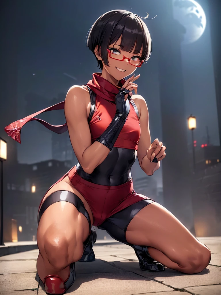 (flat chest:), (masterpiece:1.2), highest quality, High resolution, unity 8k wallpaper, (fine and beautiful eyes:1.6), highly detailed face, perfect lighting, Detailed CG, (perfect hands, perfect anatomy), (1 boy solo:1.4), 20 years old, black hair, extremely beautiful detailfeminine face and eyes, (evil smile:1.4), detailed eyes, best quality,( dark skin:1.8), (turtleneck shirt under yukata:1.2), (bike shorts:1.2), extremely detailed, very precise detailed, (glasses:1.3), blunt bangs, open mouth, (very short pixie cut:1.2), boots,fingerless gloves, smile, half closed eyes, ,(on kawara roof),night sky, ,long sidelocks,(long red Scarf),(yukata),(squatting), ears,(acrobat pose:1.3),(squat:1.3),leaning forward,(one knee dwon:1.5),(Put one foot in front:1.3),(stylish pose:1.4),(2 legs:1.9),(arm up:1.4),(grab katana:1.3)