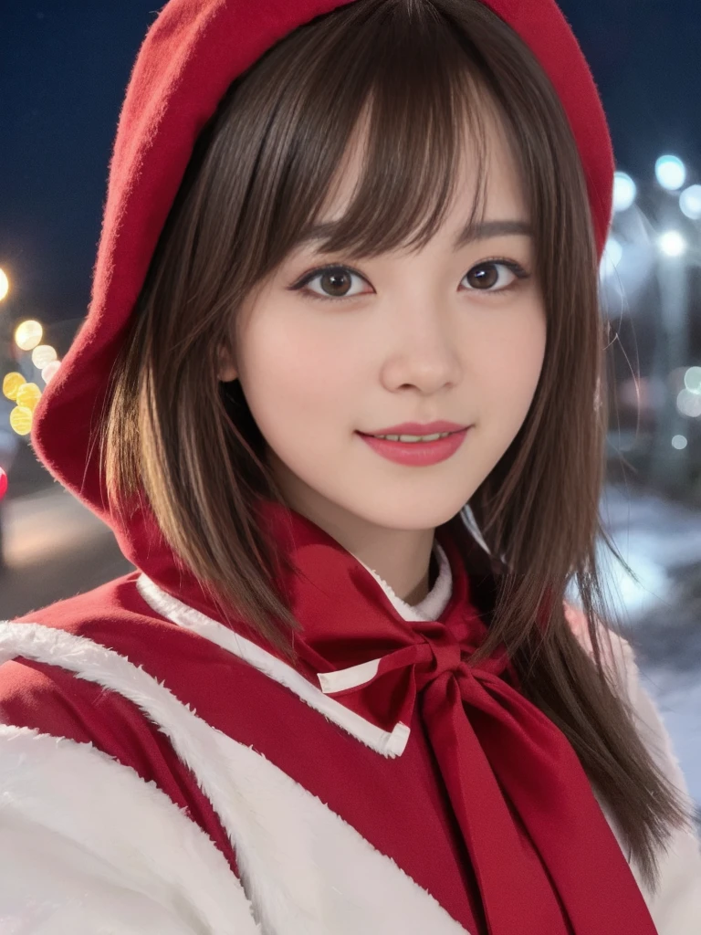 1girl, santa claus costume, symmetry, beautiful cute young girl, slender figure, (ultra short hair:1.5), ultra big smile, (Beautiful large round droped detailed eyes:1.0), beautiful detailed lips, extremely detailed face, natural makeup, Incredibly beautiful skin, (best quality,4k,8k,highres,masterpiece:1.75),(ultra-detailed,realistic,photorealistic,photo-realistic:2.0),professional,vivid colors,studio lighting,snowing night town,christmas eve