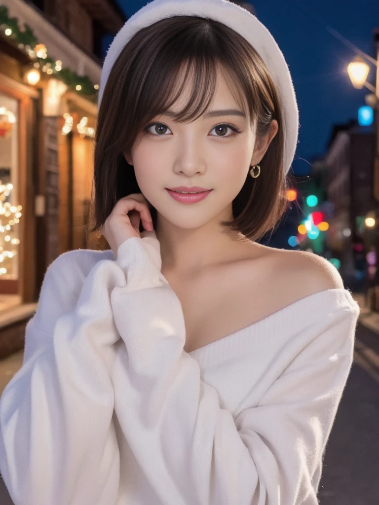 1girl, santa claus costume, symmetry, beautiful cute young girl, slender figure, (ultra short hair:1.5), ultra big smile, (Beautiful large round droped detailed eyes:1.0), beautiful detailed lips, extremely detailed face, natural makeup, Incredibly beautiful skin, (best quality,4k,8k,highres,masterpiece:1.75),(ultra-detailed,realistic,photorealistic,photo-realistic:2.0),professional,vivid colors,studio lighting,snowing night town,christmas eve