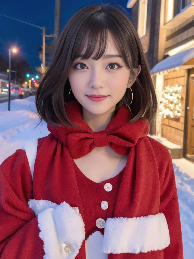 1girl, santa claus costume, symmetry, beautiful cute young girl, slender figure, (ultra short hair:1.5), ultra big smile, (Beautiful large round droped detailed eyes:1.0), beautiful detailed lips, extremely detailed face, natural makeup, Incredibly beautiful skin, (best quality,4k,8k,highres,masterpiece:1.75),(ultra-detailed,realistic,photorealistic,photo-realistic:2.0),professional,vivid colors,studio lighting,snowing night town,christmas eve