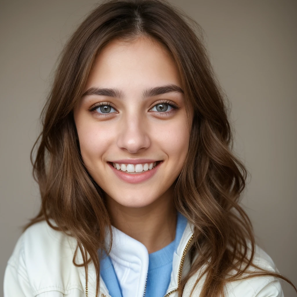 one cute women, 22YO, white, Arab, cute face, realistic brown eyes, blue jacket, blonde/brown hair, cute smile, skinny face, white realistic teethes, big eyes, long hair, no hands