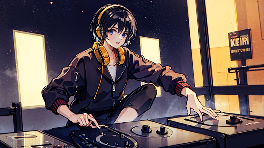 Black short Hair, night, black jacket, One Woman, street, DJ Mixer, Headphones