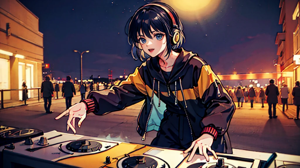 Black short Hair, night, black jacket, One Woman, street, DJ Mixer, Headphones