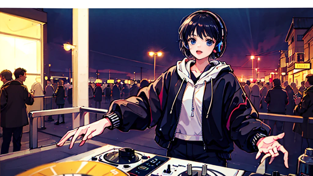 Black short Hair, night, black jacket, One Woman, street, DJ Mixer, Headphones
