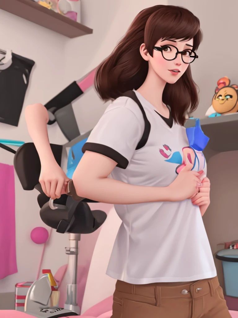 DVA from Overwatch without her roboter, 1 girl solo in her bedroom, a plain white t shirt, round glasses, tied up short brown hair, full upper body