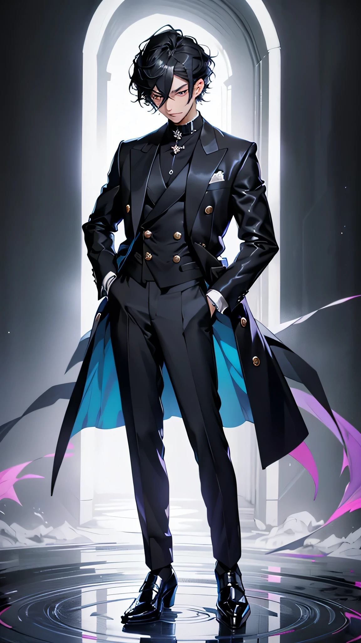 Korean Beautiful Idol Gentleman Anime, adorned with stylish black hair, expounds an air of elegance while standing proudly against a gripping grey background. He dons a glittery royal blue double-breasted pent coat, the first button artfully open, exuding a sense of casual sophistication as he reveals a sleek black inner shirt. A polished pair of black, shiny dress shoes complete his dapper ensemble. His captivating full-body pose is further enhanced by an animated flourish, invoking a dynamic and captivating image.