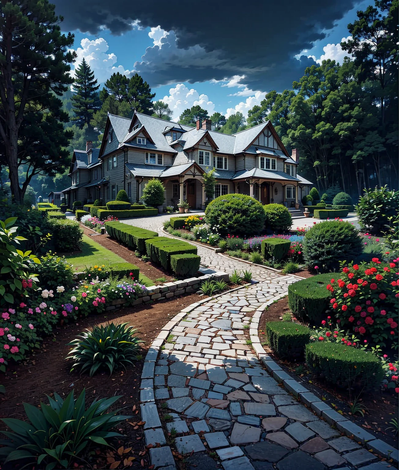 The Romanesque Revival mansion, accessed by a winding stone path, is surrounded by an English garden. There is a dense forest behind the house. There is a dark cloud above the house, which portends a downpour. The lights in the windows are off.