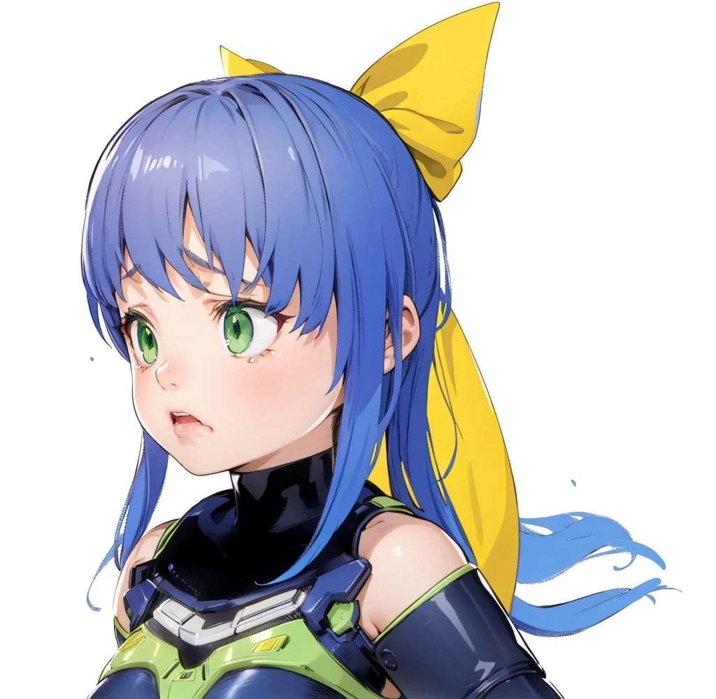 beautiful girl,(sad:1.4),shout,shock,Green Eyes,Blue Hair,Yellow ribbon,ponytail,Bodysuits,4k,8k,highest quality