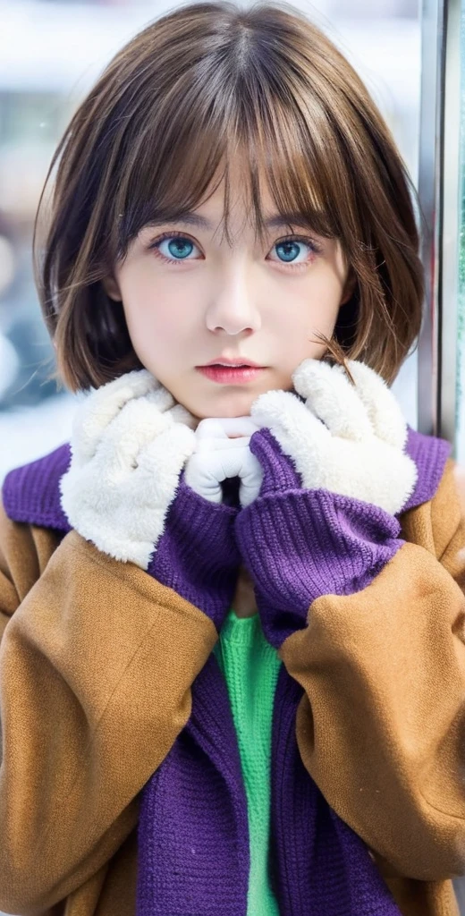 Girl, brown hair, bob haircut, with bangs, purple snow jacket with green sweater inside, hands crossed, slightly serious expression, big eyes, white gloves, blue eyes,
