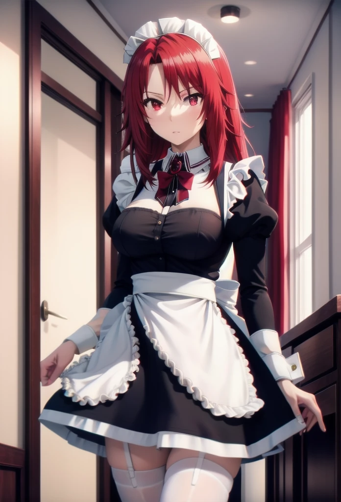 best quality, red hair,red eyes,masterpiece, highres, solo, (maid:1.40), (short sexy maid dress:1.15),clavage,BRAKE