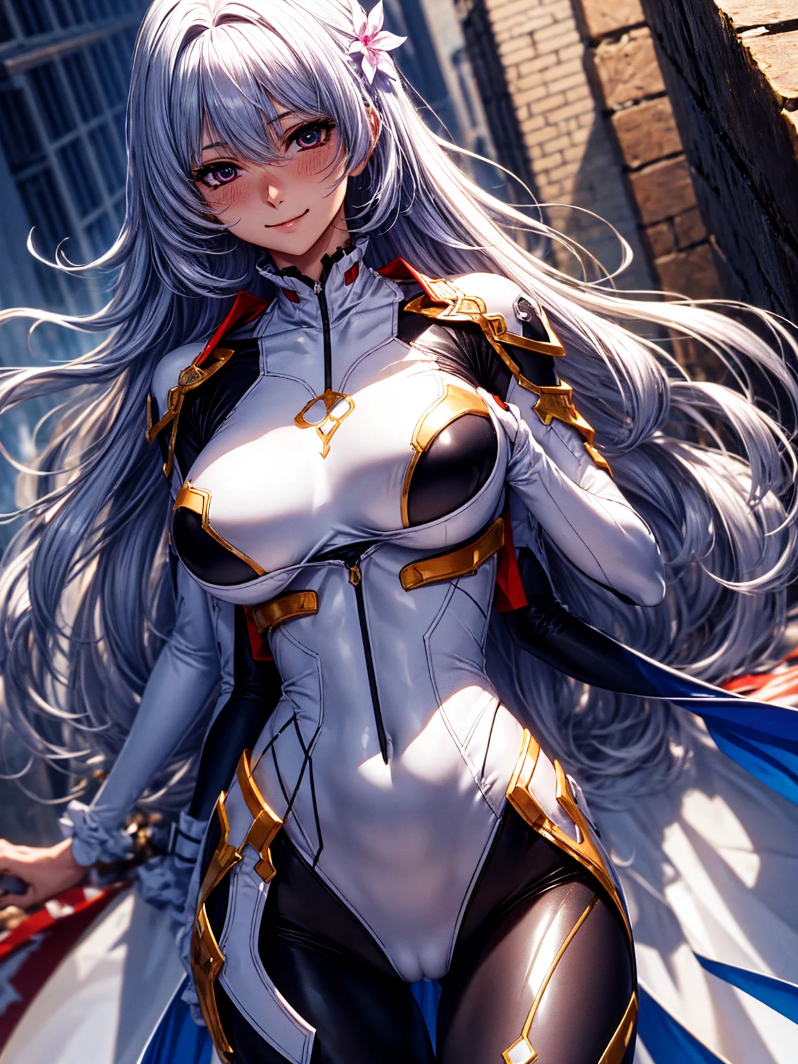 top-quality、tmasterpiece、Very high resolution、super high image quality、High-quality pixels)、perfect eyes, perfect face, perfect body figure，solo，8K, large breast，(Detailed description of hair), (Detailed description of face),(Detailed description of body), fair and clear skin, matchless beauty, long legged, grey hair details expressed, detailed purple eye, single flower hair band, girlfriend mild smile, blush, white bodysuit, (EVA Rei's Bodysuit:1.2), in the broken buildings, in the relics