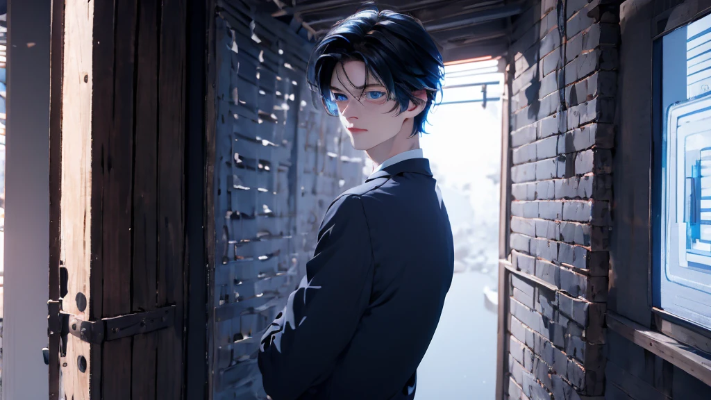 1 Boy&Girl , Boy medium light black hair, Girl medium light Blue hair, light blue eyes, wearing black suit, night city, 18+ , high res, ultrasharp, 8K, masterpiece, looking from behind