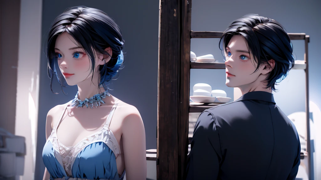1 Boy&Girl , Boy medium light black hair, Girl medium light Blue hair, light blue eyes, wearing black suit, night city, 18+ , high res, ultrasharp, 8K, masterpiece, looking from behind
