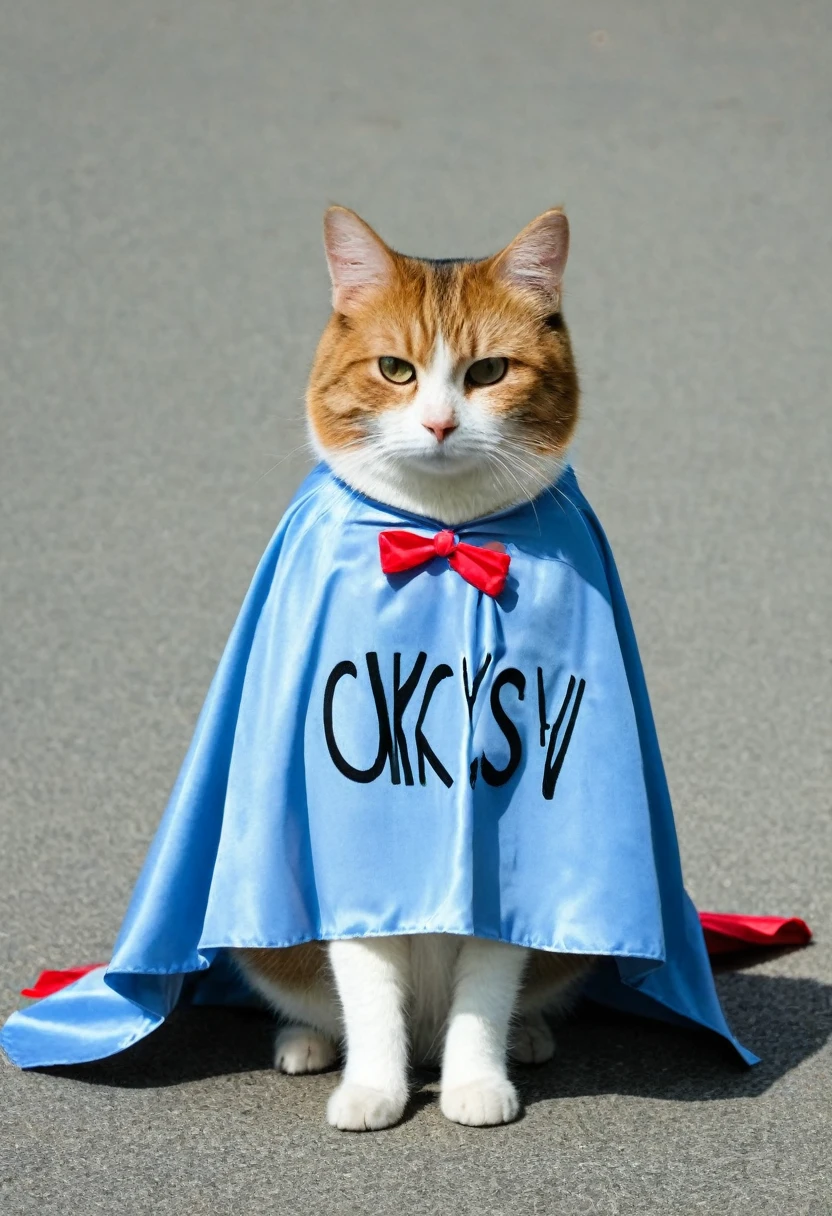 cat wearing cape, written "Ocksyi" on the cape