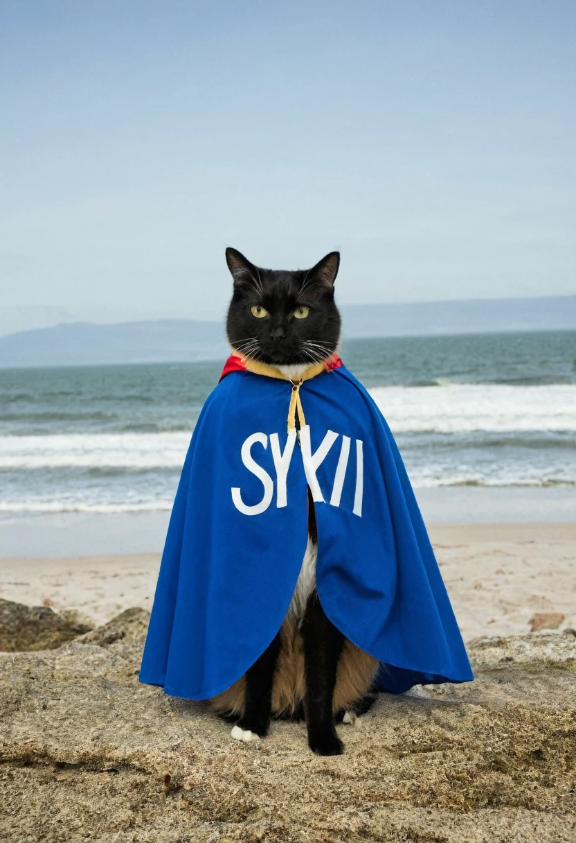 cat wearing cape, written "Ocksyi" on the cape