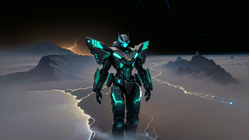 a black colored male transformer with green inserts, symmetrically arranged green parts, on the frontof the body not transparent cabin, on the back - aircraft's wings, arms from elbows to hands look like the front part of a aircraft, wheels are visible on the shoulders, on the legs from knees to the ankle there are aircraft's repulsors and small aircraft's tail wings, no helmet, light blue eyes, two legs, two arms, not a suit, on a background there is an empty dark blue metal desert, no buildings, no structures, dark blue storm clouds, light blue lightning from the clouds, blue river, river to the horizon, electrified river, light blue lightning from the river, space sky, stars in the sky, composition on the metal planet, big metalic planet, dark-blue metal, shiny metal, cybertron, mechanical planet, empty wasteland, dark blue storm clouds, light blue lightning from clouds, blue river, river to horizon, electrized river, light blue lightning from river, space sky, stars on the sky, realistic, watercolor, 4k, high quality, hight attention to details, concept art, concept art by Chris Mowry.
