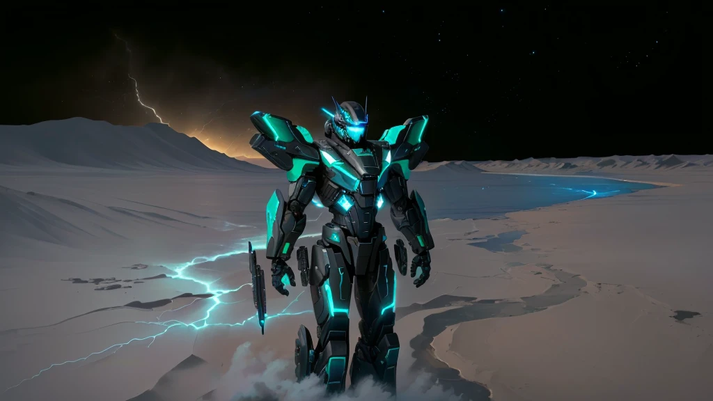 a black colored male transformer with green inserts, symmetrically arranged green parts, on the frontof the body not transparent cabin, on the back - aircraft's wings, arms from elbows to hands look like the front part of a aircraft, wheels are visible on the shoulders, on the legs from knees to the ankle there are aircraft's repulsors and small aircraft's tail wings, no helmet, light blue eyes, two legs, two arms, not a suit, on a background there is an empty dark blue metal desert, no buildings, no structures, dark blue storm clouds, light blue lightning from the clouds, blue river, river to the horizon, electrified river, light blue lightning from the river, space sky, stars in the sky, composition on the metal planet, big metalic planet, dark-blue metal, shiny metal, cybertron, mechanical planet, empty wasteland, dark blue storm clouds, light blue lightning from clouds, blue river, river to horizon, electrized river, light blue lightning from river, space sky, stars on the sky, realistic, watercolor, 4k, high quality, hight attention to details, concept art, concept art by Chris Mowry.