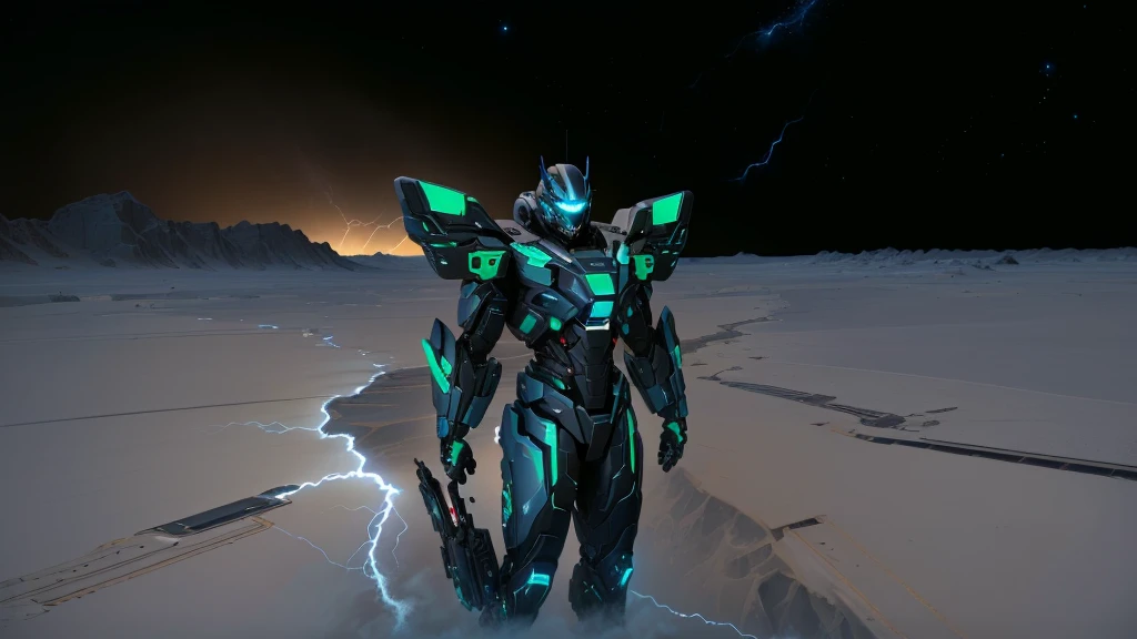 a black colored male transformer with green inserts, symmetrically arranged green parts, on the frontof the body not transparent cabin, on the back - aircraft's wings, arms from elbows to hands look like the front part of a aircraft, wheels are visible on the shoulders, on the legs from knees to the ankle there are aircraft's repulsors and small aircraft's tail wings, no helmet, light blue eyes, two legs, two arms, not a suit, on a background there is an empty dark blue metal desert, no buildings, no structures, dark blue storm clouds, light blue lightning from the clouds, blue river, river to the horizon, electrified river, light blue lightning from the river, space sky, stars in the sky, composition on the metal planet, big metalic planet, dark-blue metal, shiny metal, cybertron, mechanical planet, empty wasteland, dark blue storm clouds, light blue lightning from clouds, blue river, river to horizon, electrized river, light blue lightning from river, space sky, stars on the sky, realistic, watercolor, 4k, high quality, hight attention to details, concept art, concept art by Chris Mowry.