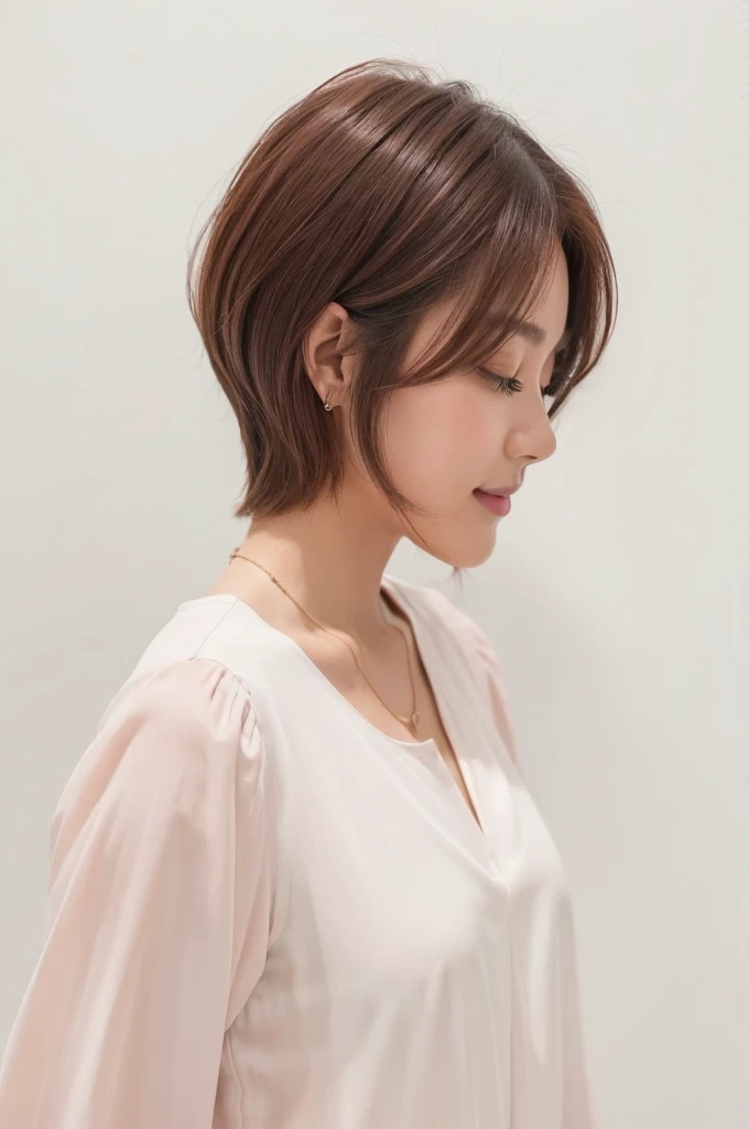 ((Black long sleeve blouse))、(背景にWhite wall、Pink brown hair color:1.4)、White wall、In front of a white door、(窓のあるWhite wallの部屋)、(8k、Live Shooting、highest quality、masterpiece:1.2)、High-quality RAW color photos、Professional photos、(Genuine、フォトGenuine:1.37)、Photographed in natural light、1 girl、A sloppy smile、(Mr.々A pose)、necklace、(Beautiful profile:1.3)、Don't look at the camera、profile、Shortcuts、short hair、The eye color is dark brown、(Beautiful profile:1.3)、Correct hand of human body、Pastel colored clothes、ダークPink brown hair color、Woman with single eyelid、The correct state of the human body、Natural color lip、Shot in well-lit areas