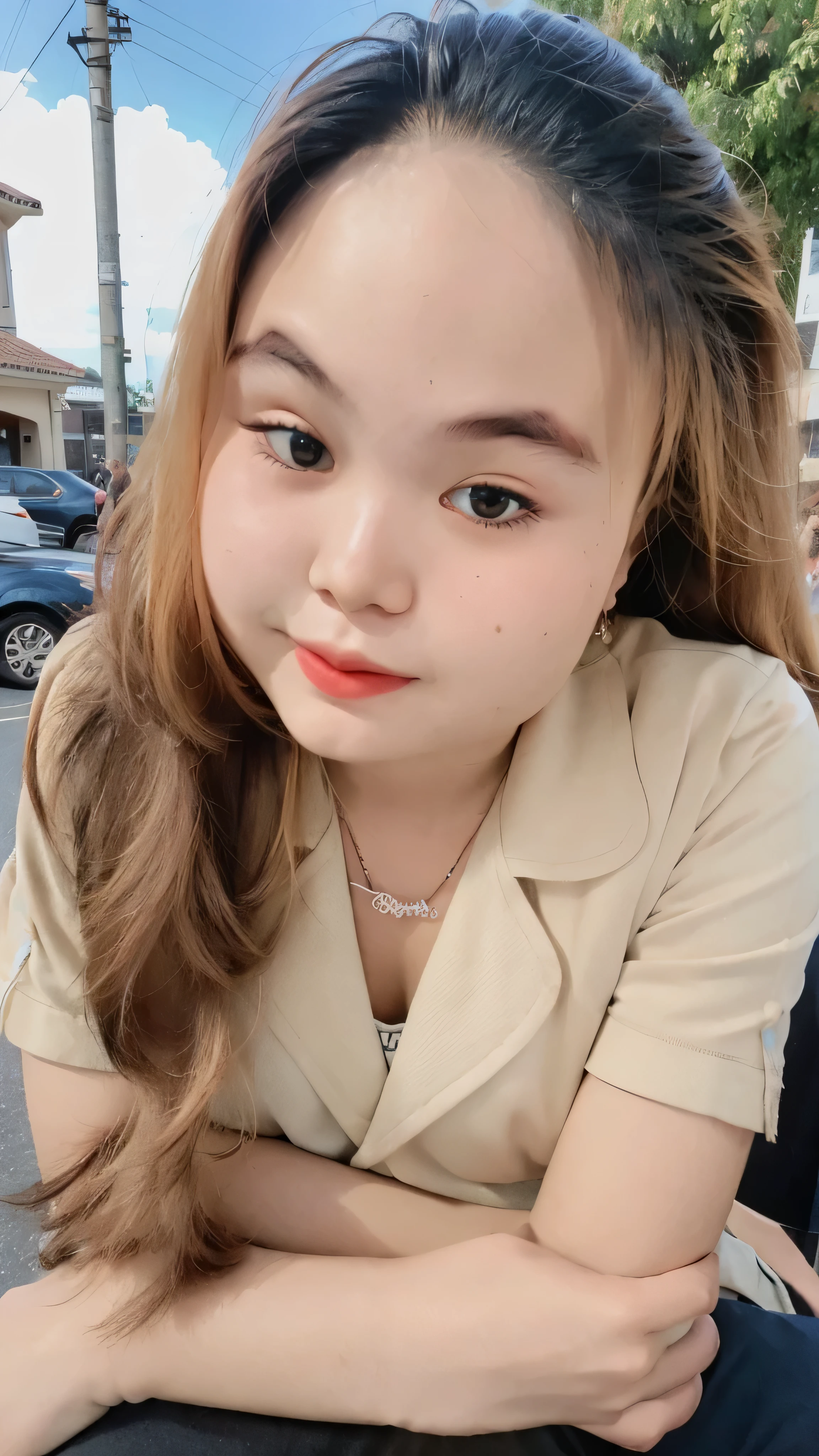 1girl, cute girl, beautiful detailed eyes, beautiful detailed lips, extremely detailed face, beautiful brown long hair, small waist, beautiful thighs, light brown shirt, short sleeves, pencil skirt, dark brown skirt, long socks, outdoor, natural lighting, soft focus, photorealistic, 8k, highres, masterpiece, ultra-detailed
