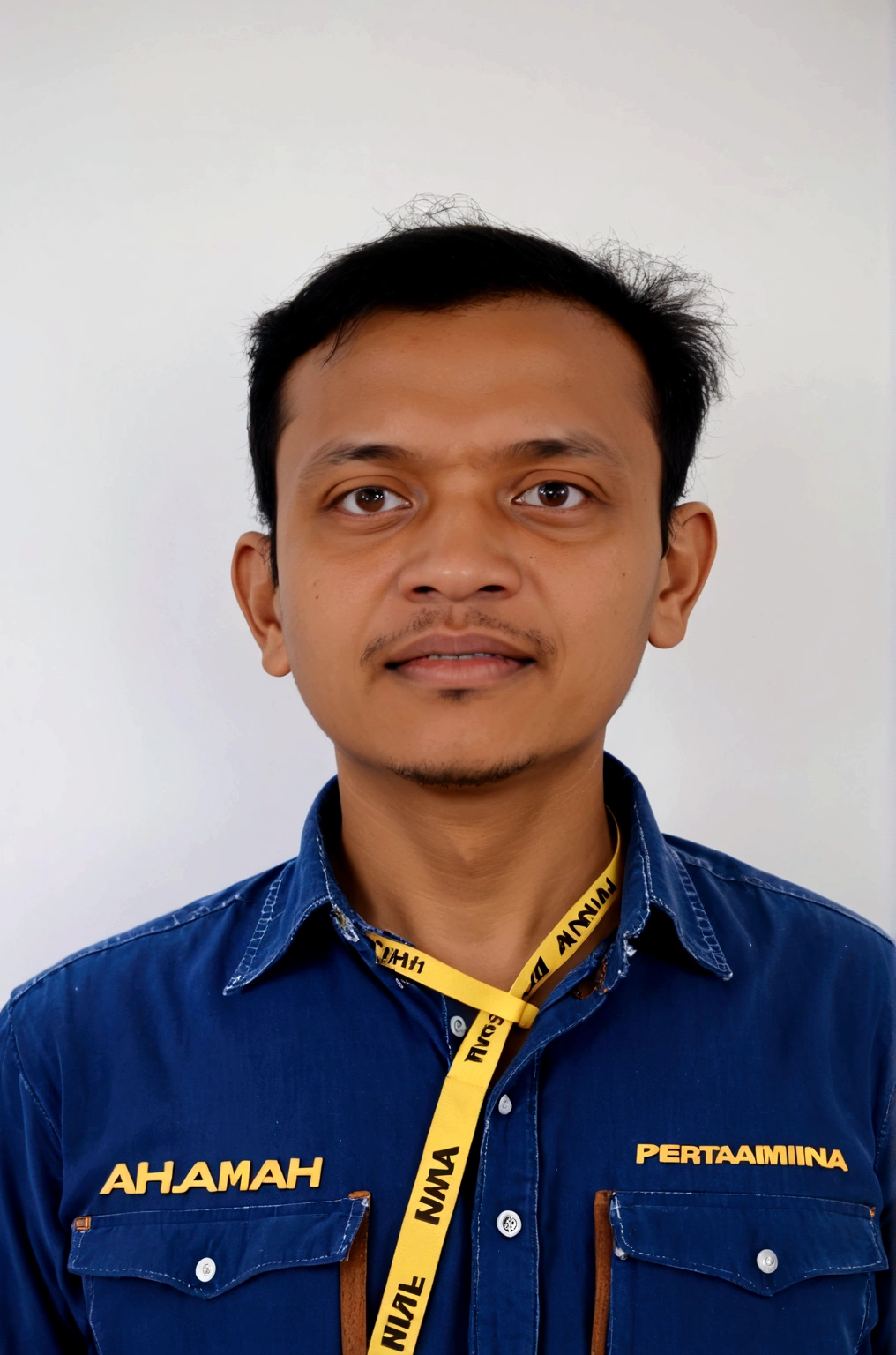 An Indonesian engineer wearing a blue shirt with "PERTAMINA" name tag and a yellow lanyard, on a white background, in a professional photography portrait shot of the upper body taken with a Canon EOS R5