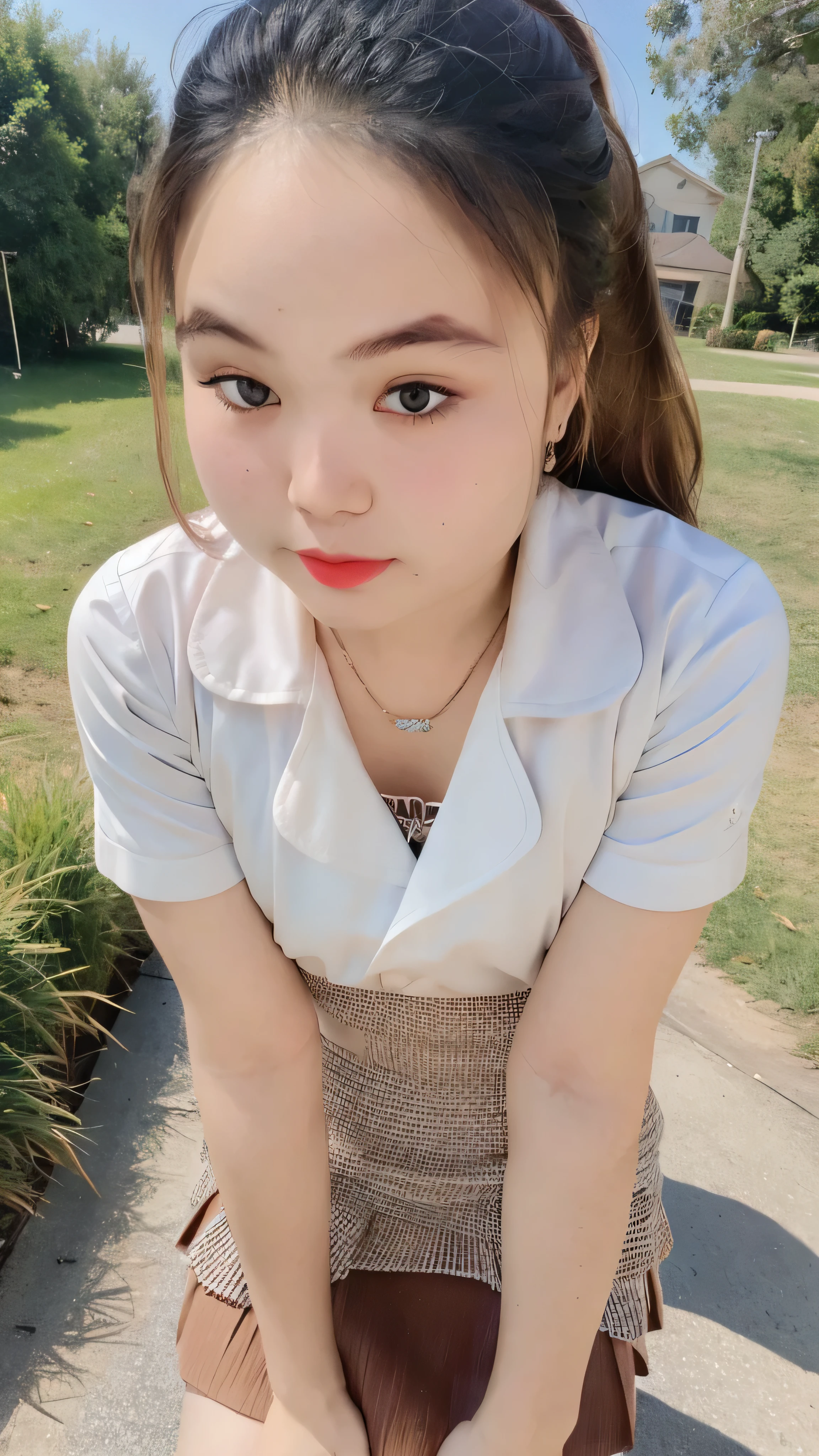 1girl, cute girl, beautiful detailed eyes, beautiful detailed lips, extremely detailed face, beautiful brown long hair, small waist, beautiful thighs, light brown shirt, short sleeves, pencil skirt, dark brown skirt, long socks, outdoor, natural lighting, soft focus, photorealistic, 8k, highres, masterpiece, ultra-detailed