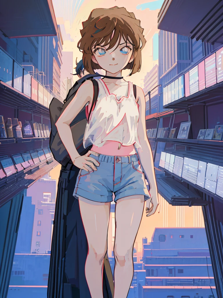 anime style, (1girl in, Solo:1.0), (Haibara Ai), ((Short pants)), (((Big eyes))), (Cute anime girl head), (flat chest),looking at viewer,With a height of 100cm,  shoot from front, (head shot), soft smile、happy smile, Simple lineinimalism，Abstract Art，City background