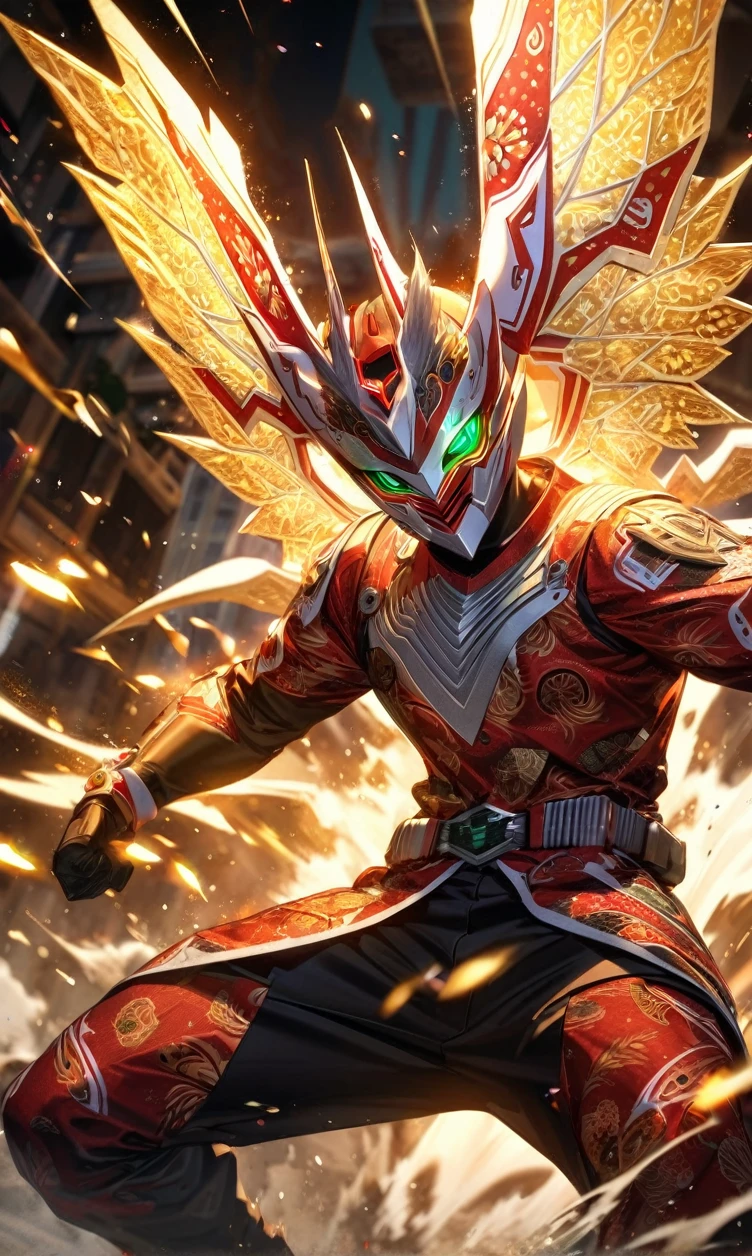 absurdres, highres, ultra detailed, HDR, masterpiece, extremely detailed face and eyes,Indonesian Kamen rider,Epic wings,red and white Garuda Kamen rider costume, Garuda Kamen rider mask, , Indonesia batik pattern , solo, man, handsome, ,, , Epic fight scene, golden splashing effect, golden effect,glowing glitters