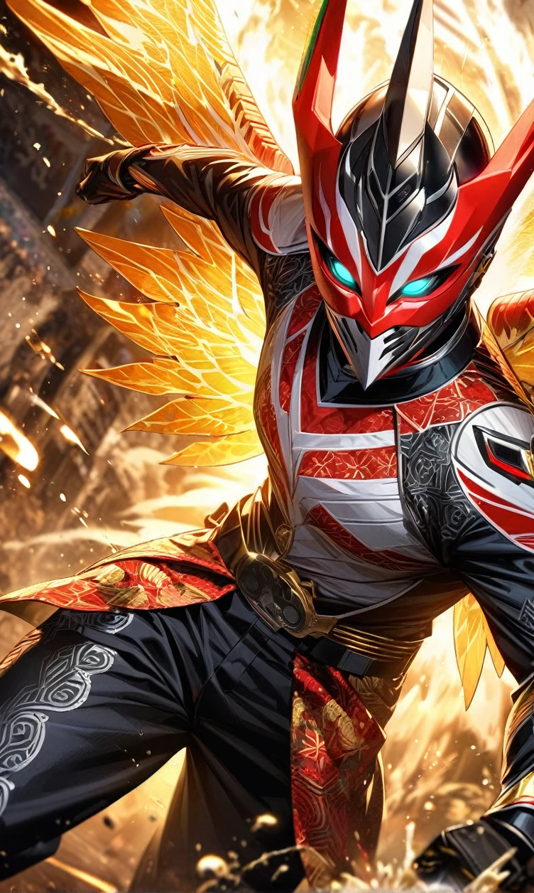 absurdres, highres, ultra detailed, HDR, masterpiece, extremely detailed face and eyes,Indonesian Kamen rider,Epic wings,red and white Garuda Kamen rider costume, Garuda Kamen rider mask, , Indonesia batik pattern , solo, man, handsome, ,, , Epic fight scene, golden splashing effect, golden effect,glowing glitters