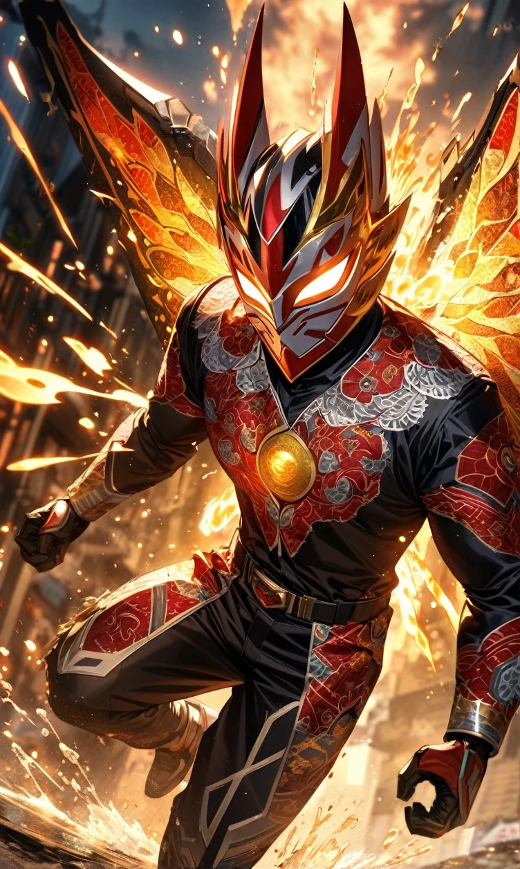 absurdres, highres, ultra detailed, HDR, masterpiece, extremely detailed face and eyes,Indonesian Kamen rider,Epic wings,red and white Garuda Kamen rider costume, Garuda Kamen rider mask, , Indonesia batik pattern , solo, man, handsome, ,, , Epic fight scene, golden splashing effect, golden effect,glowing glitters