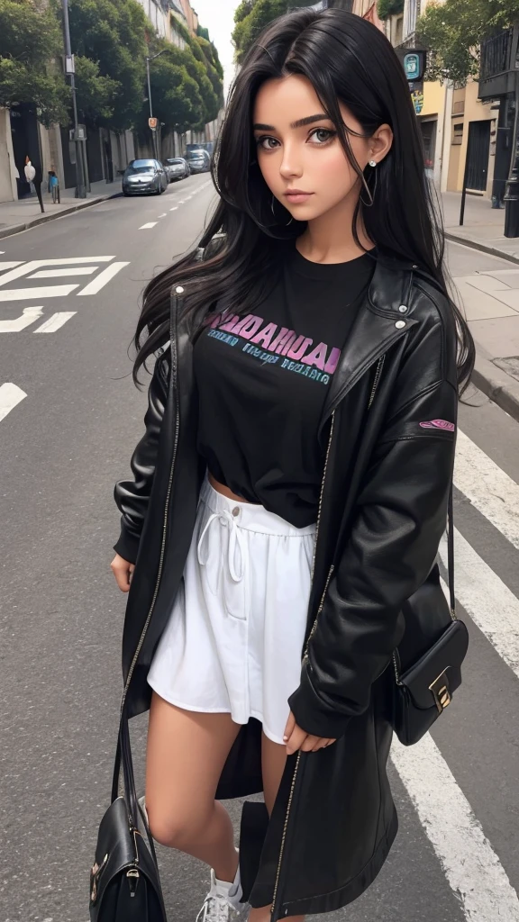 Crea una mujer hermosa con cabello largo negro de cara ovalada fuerte que demuestre que ha superado dificultades que este en la calle caminando con ropa de colores