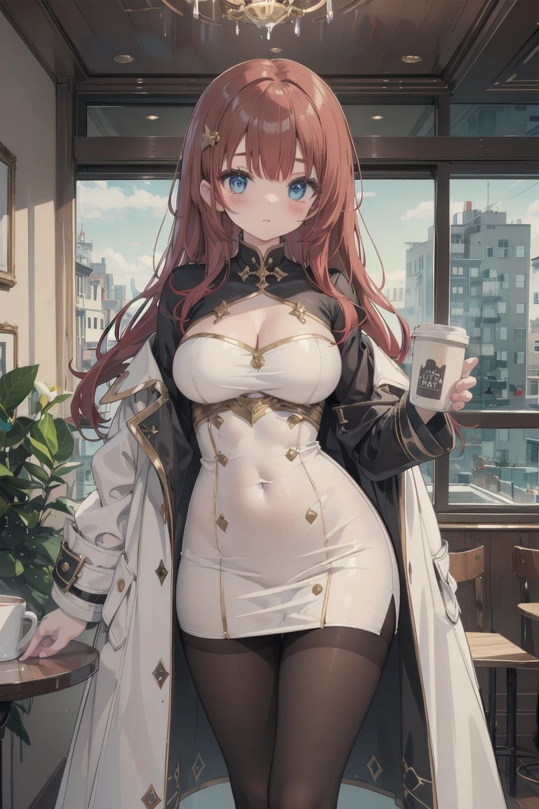 girl, White blouse, mini skirt, Black Pantyhose, white overcoat, Are standing, Coffee cup in hand, Glamorous clothing, Complex clothing,, A familiar face, Brown and gold tones, In a luxurious room, window, tall building, Day、Red Hair、I-cup breasts、Protruding chest、Protruding buttocks