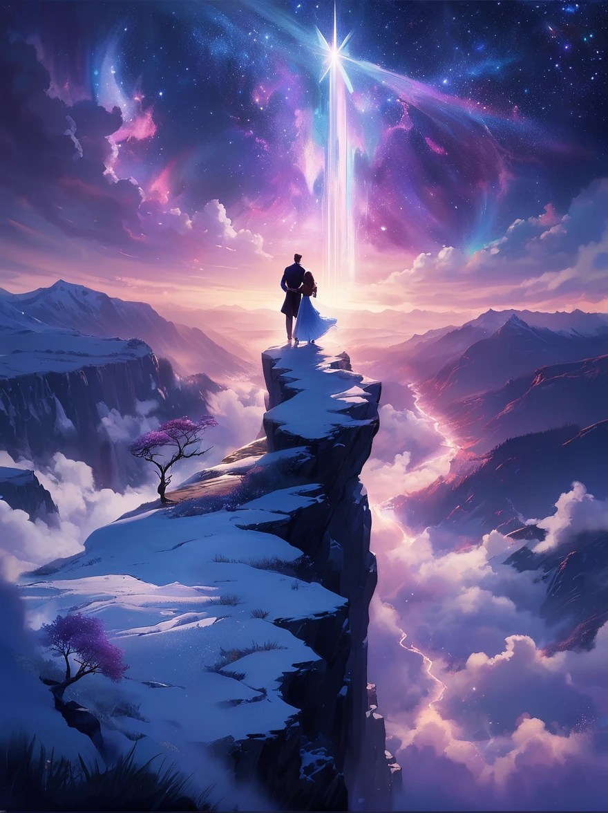 (Look from the back)，A man standing on a cliff，In a dreamy, hazy landscape，(Girl&#39;s perfect back)，(With your back to the audience)，Surrounded by a vortex of cosmic energy，The back of a person wrapped in a flowing robe，Blending with the celestial currents，The sky is a tapestry of deep purples and blues，Dotted with stars，The scenery below vaguely shows the rolling mountains，This scene is peaceful and sublime，Capturing the majestic nature of the universe，A pensive figure stands in awe