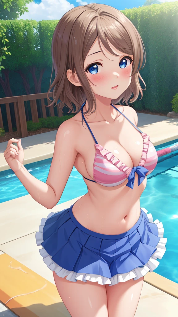(Masterpiece), 8k wallpaper, solo, Watanabe you, game cg, beautiful detailed face and eyes, perfect anatomy, blush, glossy lips, standing, pool, frilly bikini with microskirt