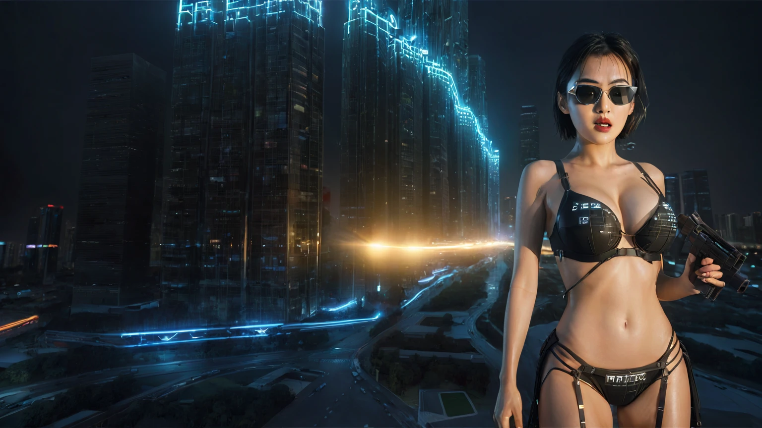 UE 5, computer render, Rendered by Octane, (8K, tmasterpiece), (realistically, Photo degree:1) luminescent concept art, (((((aerial view))))) of Cyberpunk city scene, ((Surreal circuit architecture)), (((((supercars street racing, 1 drone))))). Matrix style, (((((Matrix cascading code))))), (((((a futuristic twin tower skyscraper with a unique twisted design))))), (((((OLED GUI interfaces in the building))))), at night, (((((1girl, solo))))), photo realistic, (((large-breast:1.2 slim body, cleavage))), (((off torn mini matrix-code sling-shirt and black sling bra, extreamly short pleated matrix-code miniskirt exposing panty))), (((((running pose))))), (((((((matrix style black micro sunglasses))))))), ((((((((((aiming with a short gun)))))))))), (((((looking at camera))))), (((very low view))), (((((half-body thigh level medium shot))))), (((cinematic lighting))).