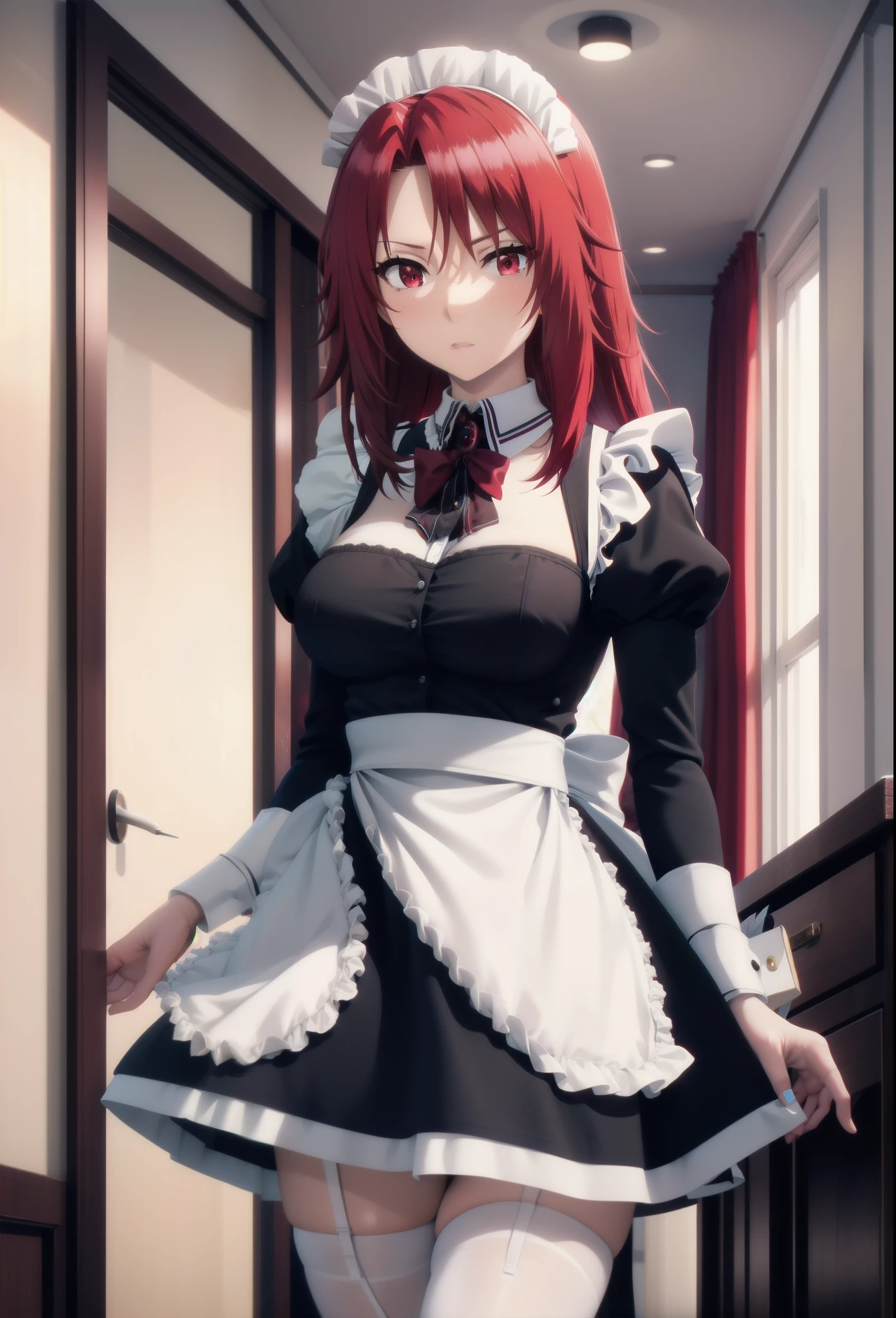 best quality, red hair,red eyes,masterpiece, highres, solo, (maid:1.40), (short sexy maid dress:1.15),clavage,BRAKE