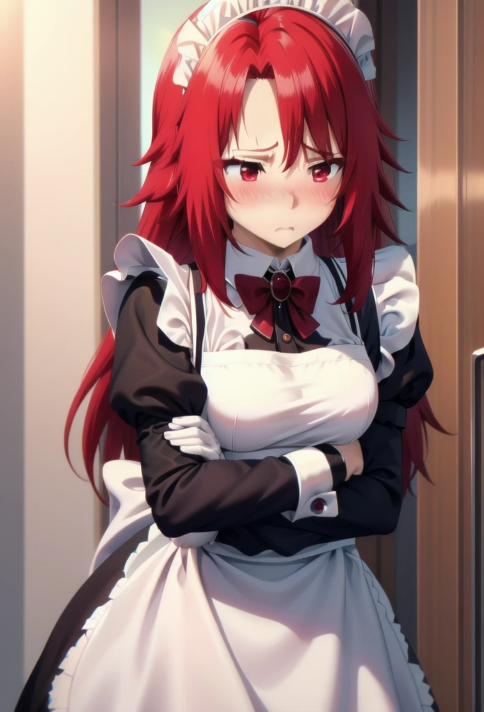 best quality, red hair,red eyes,masterpiece, highres, solo, (maid:1.40), (short sexy maid dress:1.15),clavage,BRAKE,((embarassment,blush,shy))
