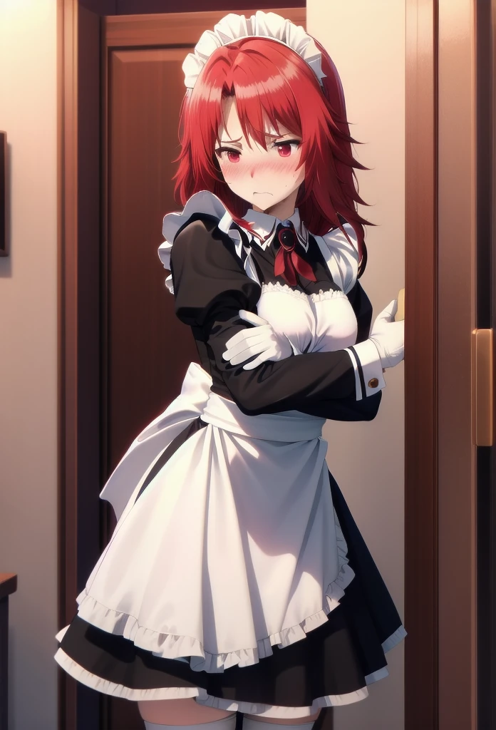 best quality, red hair,red eyes,masterpiece, highres, solo, (maid:1.40), (short sexy maid dress:1.15),clavage,BRAKE,((embarassment,blush,shy))