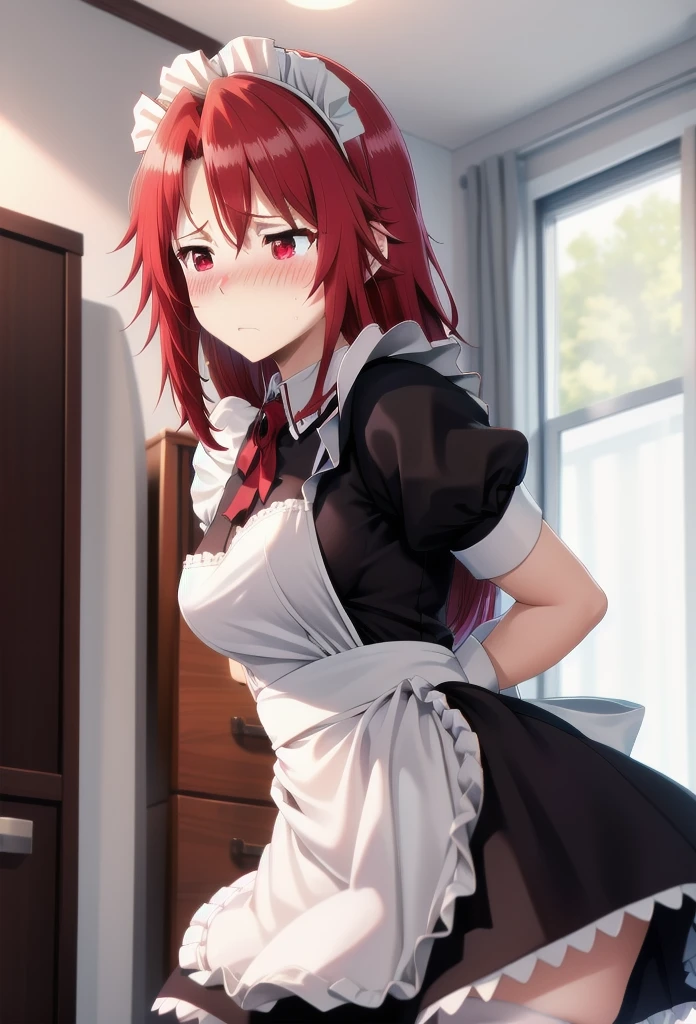solo,1girl(big breast)(masterpiece, best quality:1.2),Ellen Jo,Zenless Zone Zero,alternate costume ,maid, shark tail, (shark girl:0.5), short hair,black hair,red eyes, tail, pantyhose,multicolored hair, black footwear, short sleeves, apron, wrist cuffs, maidheaddress, stockings, nyantchaellen joe, black hair, red hair,colored inner hair, multicolored hair, (red eyes:1.3), red hair, short hair, two-tone hair,apron, black pantyhose, black shirt, ear piercing,