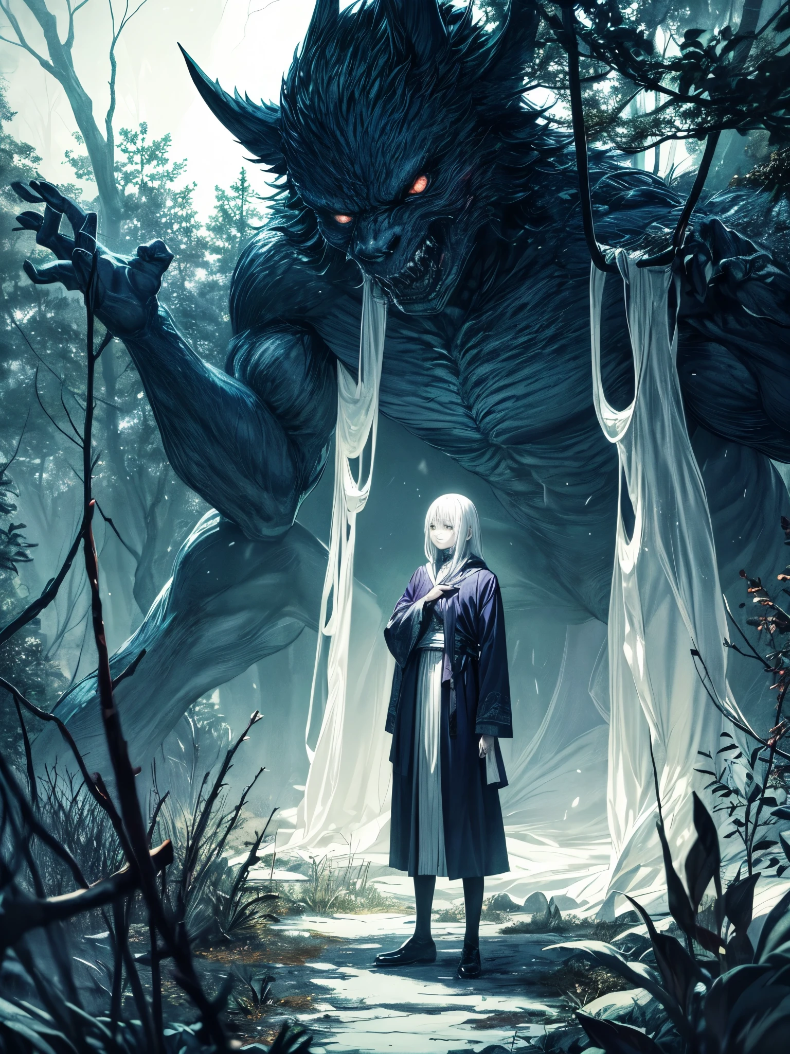 midnight、In the forest shining faintly in the moonlight、A pale monster stood silently.。The appearance is strange、It was so eerie that to the human eye the line between fantasy and reality became blurred.。The monster&#39;s body、A translucent pale blue、It was as if it was glowing。

The monster&#39;s eyes、Coldly reflecting light、It had a coldness that froze the soul of those who saw it.。In the depths of your eyes、It seems to contain immeasurable wisdom and deep sadness.。Long arms and sharp claws、It has such a sharp edge that even the slightest movement can cut through the wind.、There was a sense of tension that seemed as if they might attack at any moment.。

On the monster&#39;s back、There are several dorsal fin-like protrusions、It gives the impression of a strange creature from the sea.。The skin is smooth and shiny、Reflecting the moonlight, it shines pale。The cold air emanating from its body freezes the surrounding air.、The plants were covered with frost。

The monster&#39;s breathing is quiet and regular.、Each time, the white breath melts into the darkness of the night.。Forest creatures、Fear of its existence、I held my breath and watched from a distance.。The chirps of birds and the sounds of insects have disappeared.、Only silence reigned.。

No one knows the monster&#39;s true identity.。Was he once a human?、Or perhaps a nature spirit?、Or is it from another world?。But、What is certain is、The monster holds power and mystery beyond this world.。

midnightの闇の中で青白く輝くその姿は、It created a fantastical scene of terror and beauty.。Imprinting an unforgettable sense of fear and mystery on the viewer、The monster continued to stand silently in the forest.。