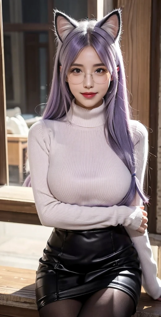 masterpiece, best quality, 1girl, ((looking at viewer)), lilac hair, purple eyes, long hair,  ahoge, sweater, sweater skirt, pantyhose, 163cm, hair between eyes, large breasts, adult, 33 years old, mature, glasses, solo, sole, smile, cat ears, cat tail, fang, catgirl, animal ears