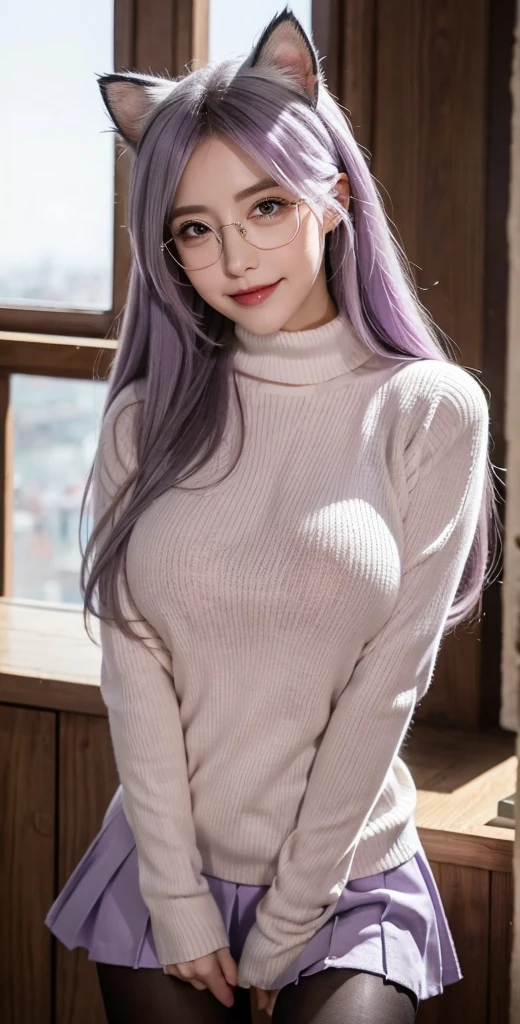 masterpiece, best quality, 1girl, ((looking at viewer)), lilac hair, purple eyes, long hair,  ahoge, sweater, sweater skirt, pantyhose, 163cm, hair between eyes, large breasts, adult, 33 years old, mature, glasses, solo, sole, smile, cat ears, cat tail, fang, catgirl, animal ears