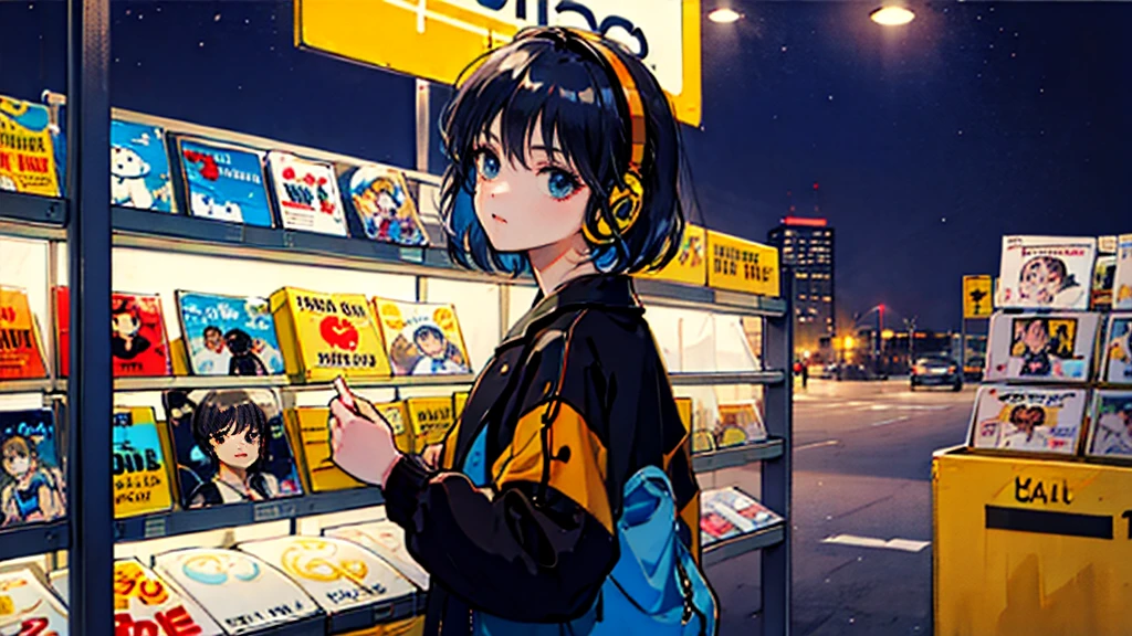 Black short Hair, night, black jacket, One Woman, street, record shop, Headphones