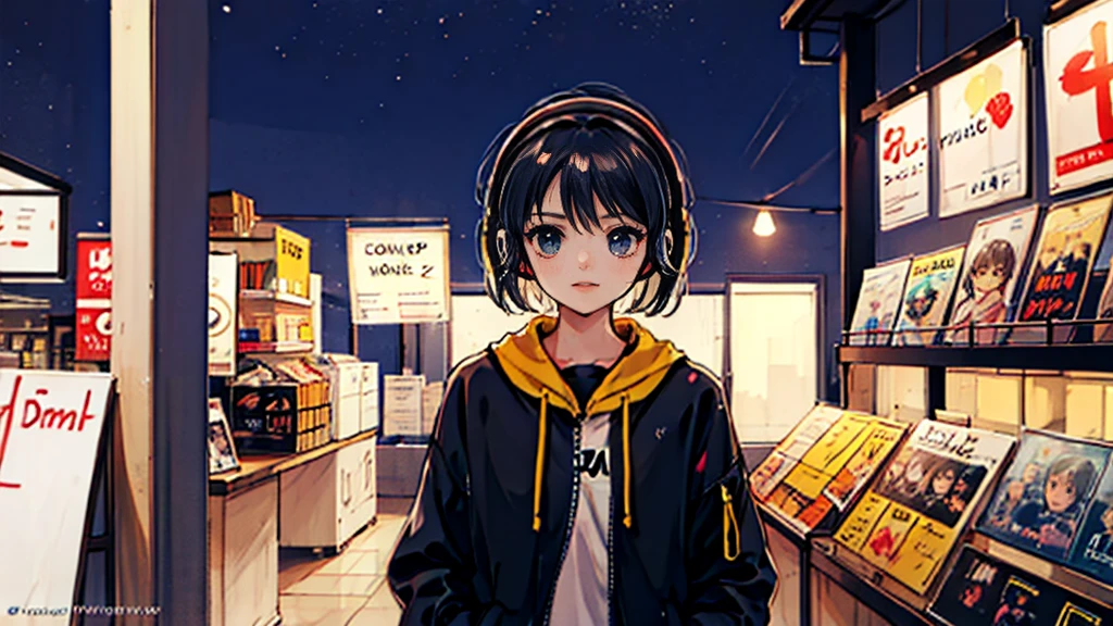 Black short Hair, night, black jacket, One Woman, street, record shop, Headphones