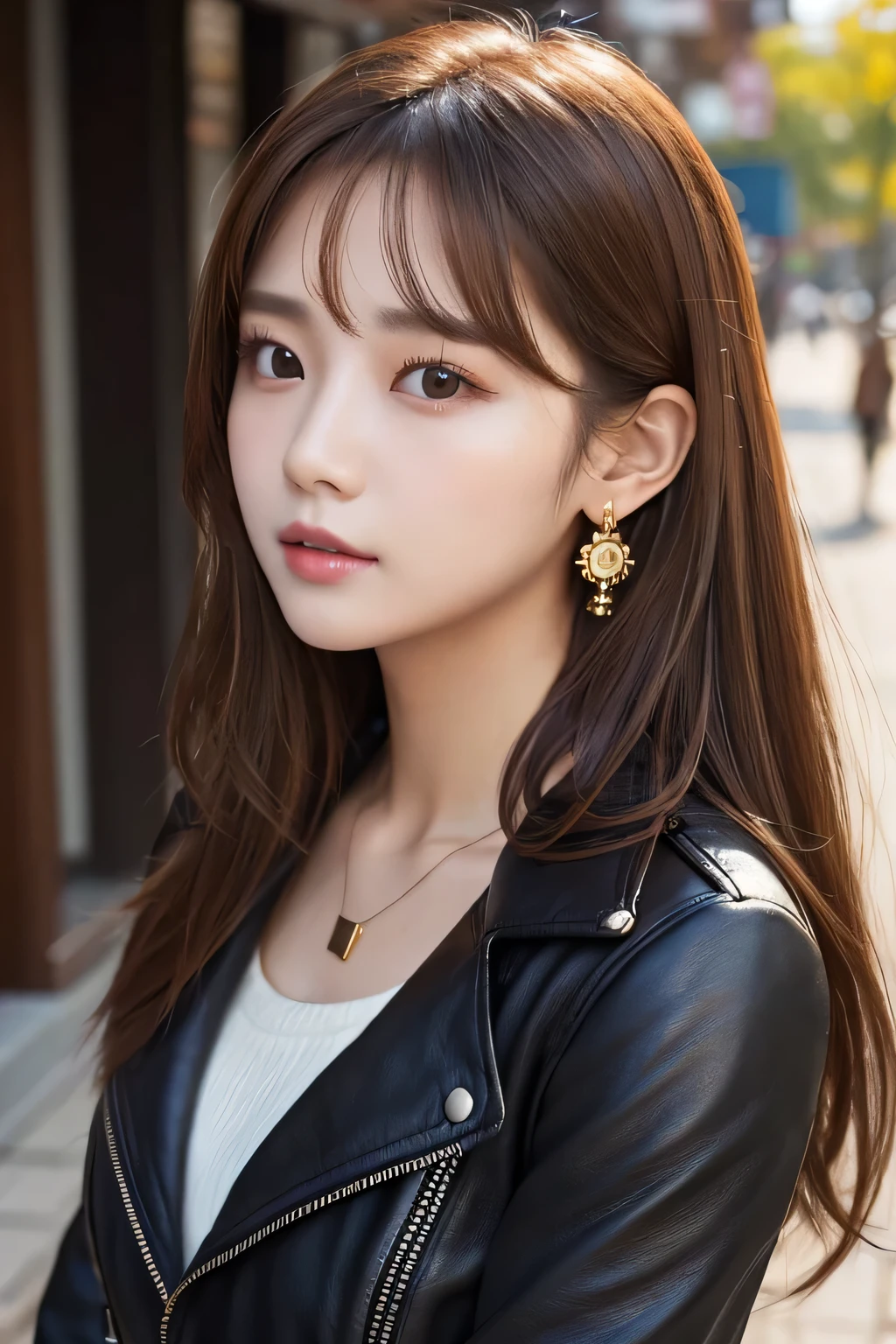 Beautiful young woman of the year、 Korean women、Light brown hair、Necklace around the neck、leather jacket、shirt、Mask on mouth、Intricate details, Very detailed:1.2), 、 Looking into the camera,The background is the town、Ear piercing
、Ear piercing