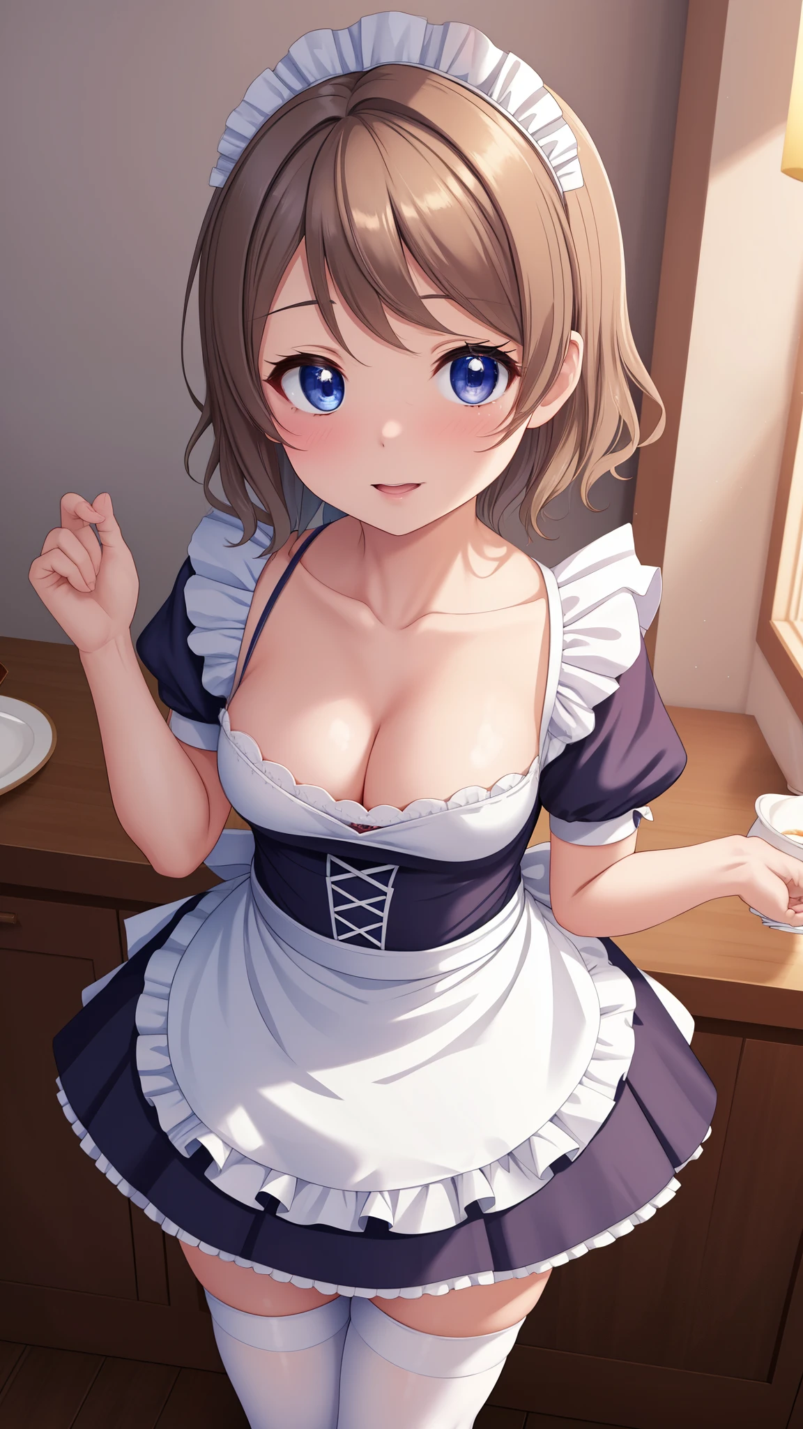 (Masterpiece), 8k wallpaper, solo, Watanabe you, game cg, beautiful detailed face and eyes, perfect anatomy, standing, (maid), short puffy sleeves, collarbone, cleavage, thigh highs, small maid apron